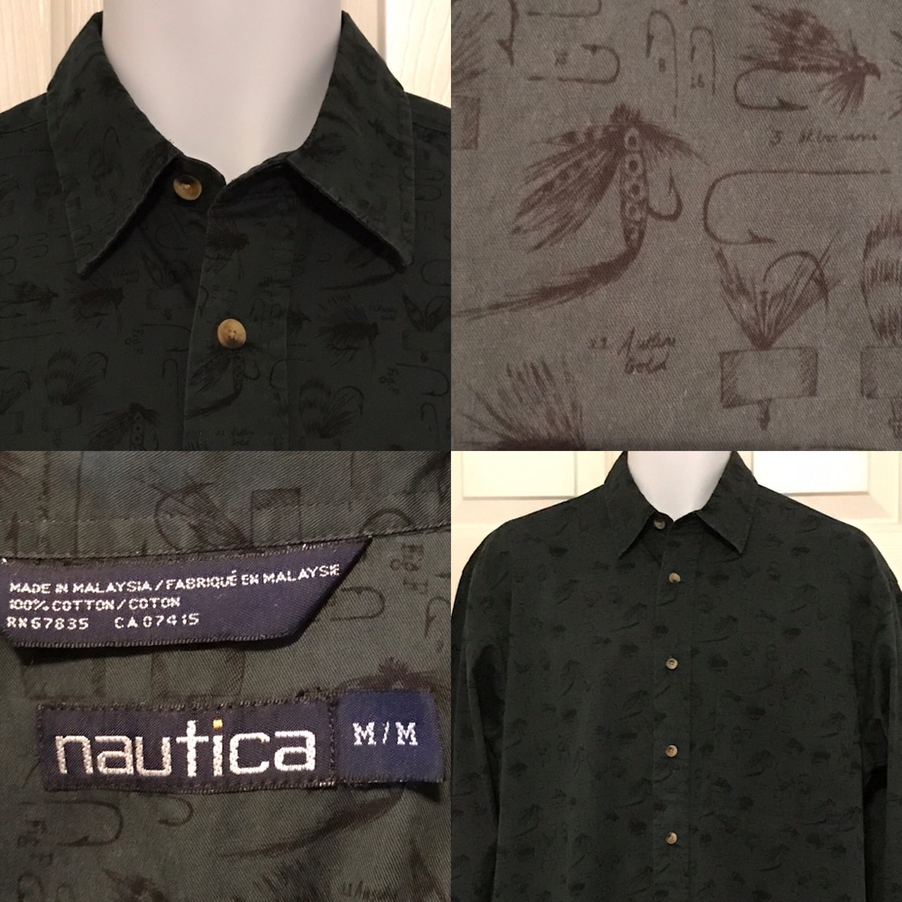 Deep green fly fishing print cotton button down